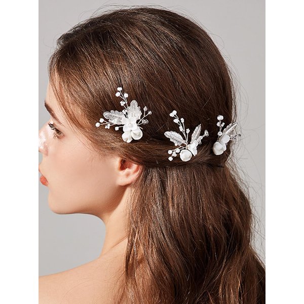 Denifery 3 Pieces Silver Flower Bride Wedding Hair Pins Leaf Bridal Headpiece Bead Bridesmaids Hair Accessories for Women and Girls