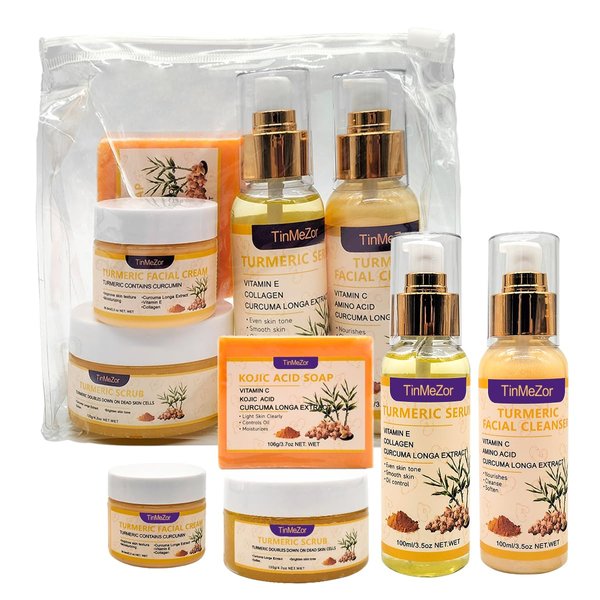 5 Packs Turmeric Face Care Set-Turmeric Serum,Turmeric Soap,Turmeric Facial Cream,Turmeric Facial Cleanser,Turmeric Body Scrub with Vitamin C, Vitamin E,Hyaluronic Acid for Reduces Dark Spots