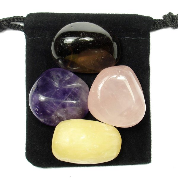 The Magic Is In You Inner Peace Tumbled Crystal Healing Set with Pouch & Description Card - Amethyst, Calcite, Rose Quartz, & Smoky Quartz