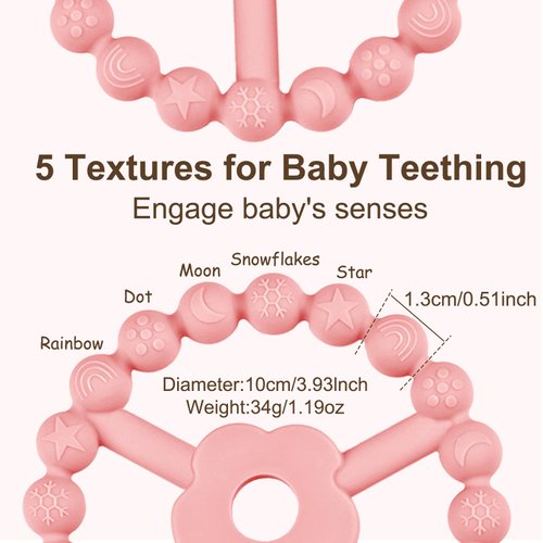 duludulu 4 Pack Silicone Teething Toys, Ring Teethers for Babies 0-6 6-12 Months Newborn Baby Teether Baby Teething Toys Relief Soothe Baby's Gums Infant Toys Gifts Baby Boys Girls Sweet Pink