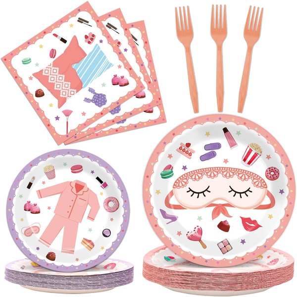 Pajama Party Plates Napkins Sleepover Party Tableware Pajamas Party Tableware Set Spa Party Dinnerware Slumber Cutlery for Girls Sleepover Slumber Birthday Spa Party Disposable Decoration 24 Guest