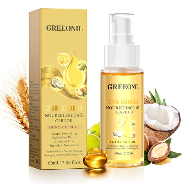 GREEONIL Hair oil, Hair Repair Serum,24K Gold Argan Oil Coconut Oil Olive Oil and Vitamin E for Frizz Control, Add Shine,Nourishing Hair Oil for Split Ends Hair Treatment,2.02 fl oz,60ml