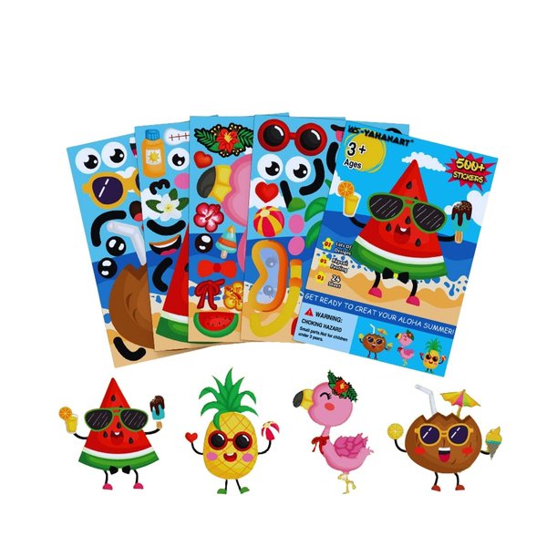 24PCS Make-A-Face Sticker Sheets, Make Your Own Flamingo Pineapple Stickers, Stickers of Kids Favorite Luau Party, Summer Beach Mix and Match Stickers for Boy Girls