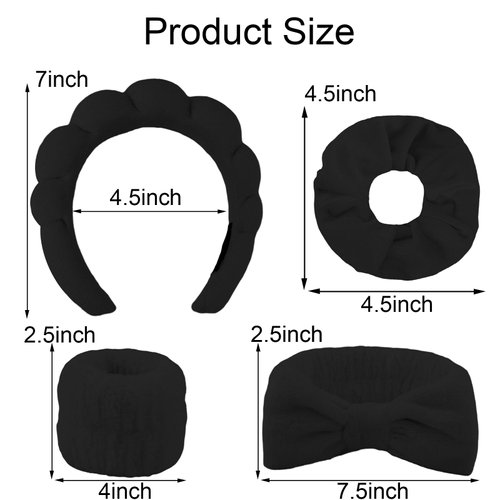 SuPoo 6pcs Black Spa Headband Sponge Face Wash Headband and Wristband Set Makeup Head Band Puffy Skincare Terry Cloth Wrist Towels Hair Band for Washing Face Padded Headwear with Hair Ties