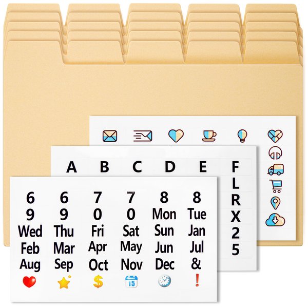 OFFILICIOUS 25 Manila Index Card Dividers 4x6 - Index Card Organizer Dividers with Tabs & 108 Stickers for Index Cards 4x6 - Recipe Card Dividers, Note Card Organizer, Monthly Dividers, Card Stock