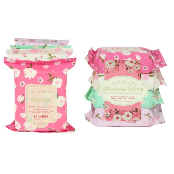 Facial Cleansing Wipes | Rosehip, Coconut Almond, Vanilla Mint, and Wild Berries Face Cleansing and Gentle Makeup Remover Wipes – 4 Pack (30 Count Each), 120 Towelettes | Nicole Miller