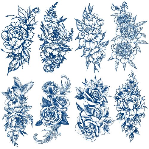Semi-permanent Tattoos, Temporary Tattoos, 8-Sheet Plant-Based Ink Blue Flower Tattoos for Adults Women Girls Kids