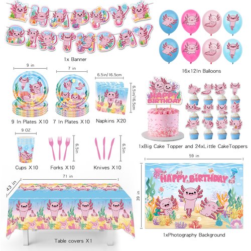 114Pcs Axolotl Birthday Party Supplies Include Happy Birthday Banner-Backdrop-Balloons-Cake Topper-Cupcake Toppers-Tableware-Plates-Napkins-Cups-Cutlery-Tablecloth for Axolotl Party Decorations