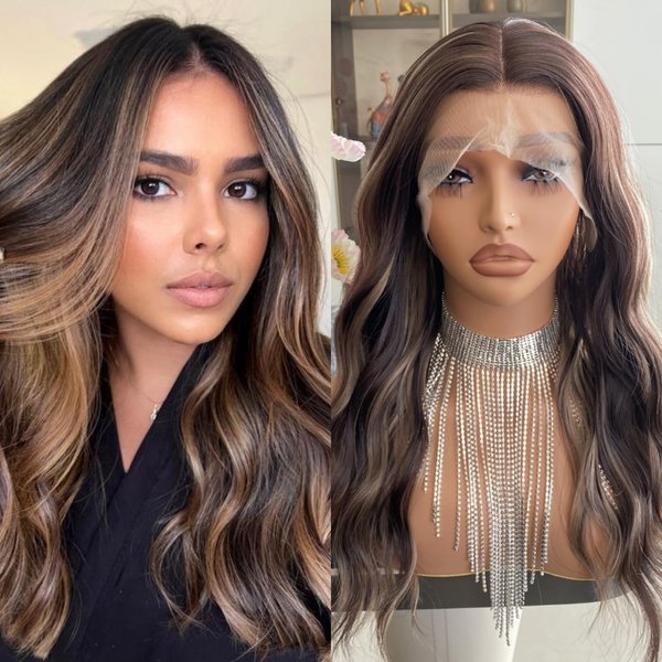 Carkira Auburn Brown Wigs Highlight Ash Blonde Mixed 13x4 Lace Front Wig Ombre Dark Color 4/27 Colored Piano Synthetic Fiber Body Wave 18Inch for Women