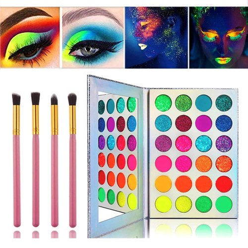 Kalolary Neon Eyeshadow Glow Palette UV Glow Blacklight Matte and Glitter, 24 Colors Highly Pigmented Eyeshadow Kit with 4 Brushes for Face Body Makeup
