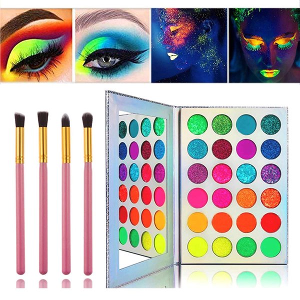 Kalolary Neon Eyeshadow Glow Palette UV Glow Blacklight Matte and Glitter, 24 Colors Highly Pigmented Eyeshadow Kit with 4 Brushes for Face Body Makeup