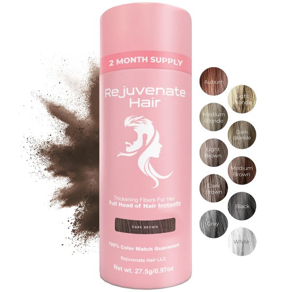 REJUVENATE Hair Fibers for Thinning Hair (Dark Brown), Undetectable Hair Powder for Women & 100% Natural Hair Building Fibers - Conceals Hair Loss - Bald Spot Cover Up Hair Powder, 2 Month Supply