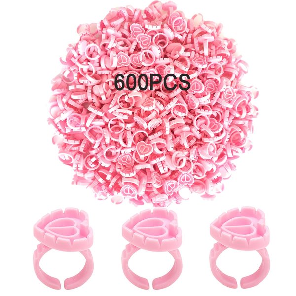 Glue Rings 600PCS Glue Rings for Eyelash Extensions, Lovely Heart Shape Lash Rings for Glue, Disposable Rings for Lashes Fan Blossom Glue Cups Holder Lashes Ring Supplies for Eyelash Extensions,Pink