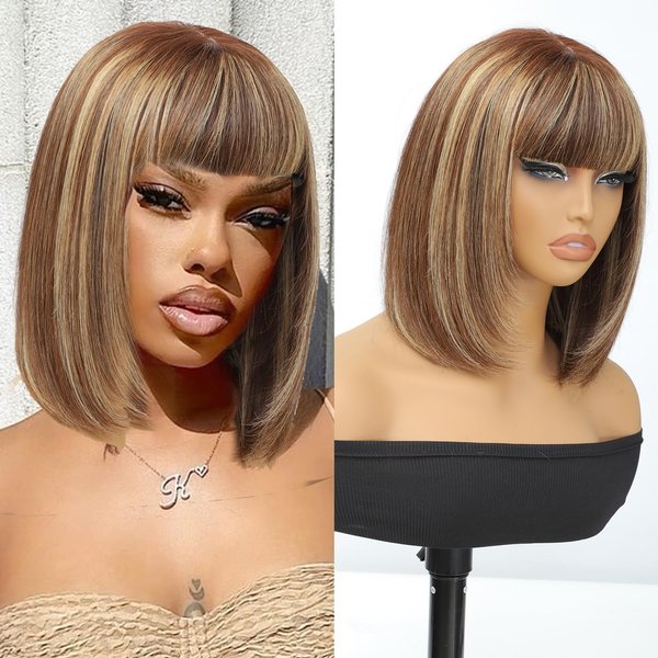 Civrie 8 Inch Bob Wig Human Hair Glueless,Highlight Straight Bob Wig with Bangs Human Hair for Daily Wear,2.5x1 Inch Lace Bob Wig Human Hair 180 Density Layered,Human Hair Wigs for Black Women