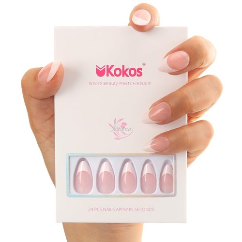 French Press On Nails, Short Almond Fake Nails, ABS Natural Fit, Reusable Stick On Nails in 12 Sizes-24 PCS Soft Gel Nails Kit, Salon-quality, Pink and White, Elegant Moments