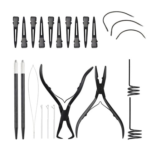 Glamordove Hair Extension Tool Kit Stainless Steel Hair Extension Pliers Micro Beads Remover Hook Looper Hair Sectioning Clips Wefting Sewing Salon Barber Accessories (Black)