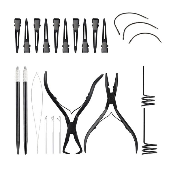 Glamordove Hair Extension Tool Kit Stainless Steel Hair Extension Pliers Micro Beads Remover Hook Looper Hair Sectioning Clips Wefting Sewing Salon Barber Accessories (Black)