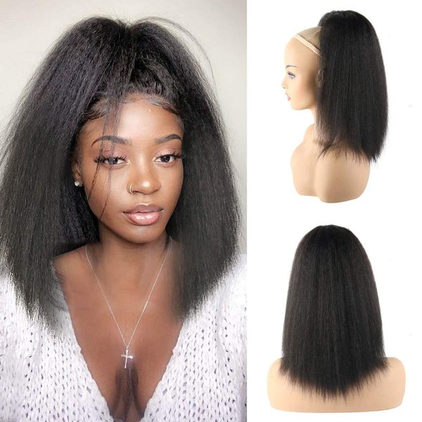 LEOSA 14 inch Drawstring Ponytails for Black Women Short Natural Black Yaki Straight Drawstring Ponytail hair extensions (14 Inch (Pack of 1), 1B#)