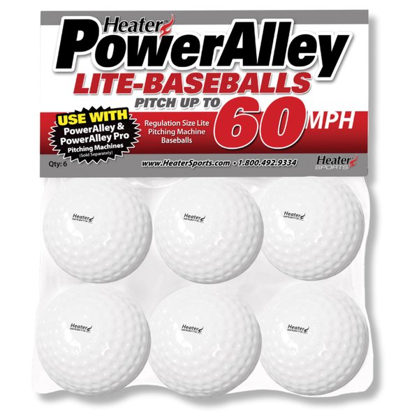 Heater PowerAlley 60 MPH White Lite Baseballs for Training, Drills and Pitching Machines, Lightweight, Safe for Indoor/Outdoor Use, Pack of 6