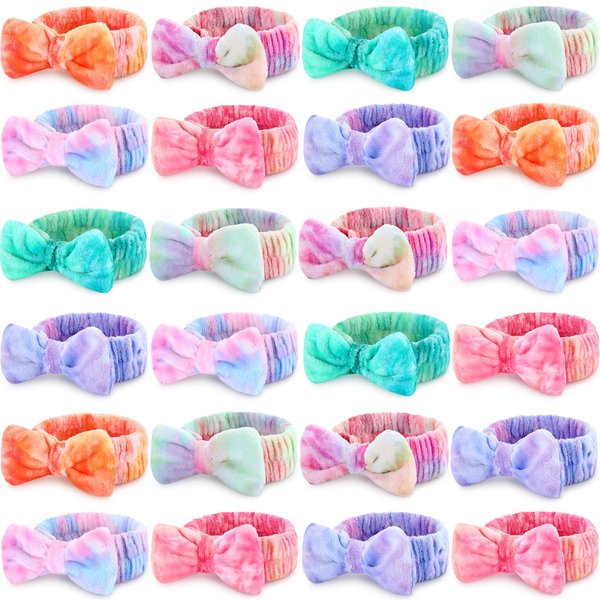 Riceshoot 24 Pieces Spa Headband Skincare Headband Microfiber Tie Dye Headband Elastic Bow Tie Makeup Headband for Washing Face Hair Wrap Accessories for Woman Girls Shower Gift