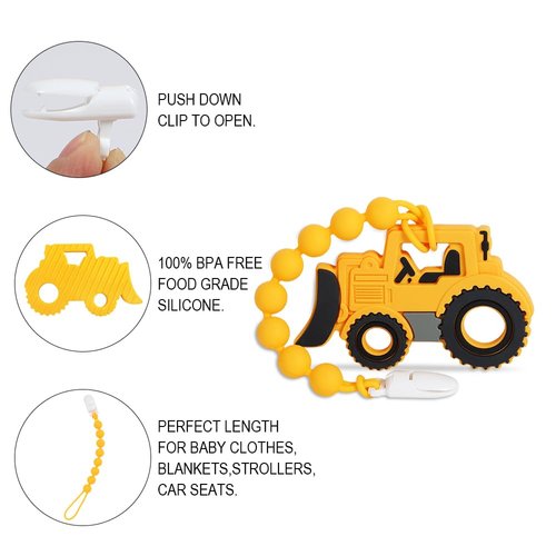 Baby Construction Vehicles Teething Toys,Food Grade Silicone Teether with One-Piece Pacifier Clip Holder,Shower Gift for 3 Months+ Boy and Girl,BPA Free,Freezer Safe. (Bulldozer)