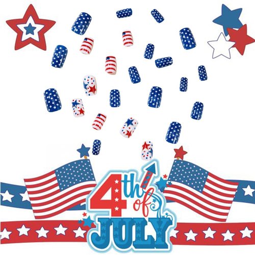 24 Pcs Patriotic Press on Nails Set 4th of July False Nails Red White Blue Striped with Stars and Hearts Design Glossy Short Square Fake Nails for Independence Day