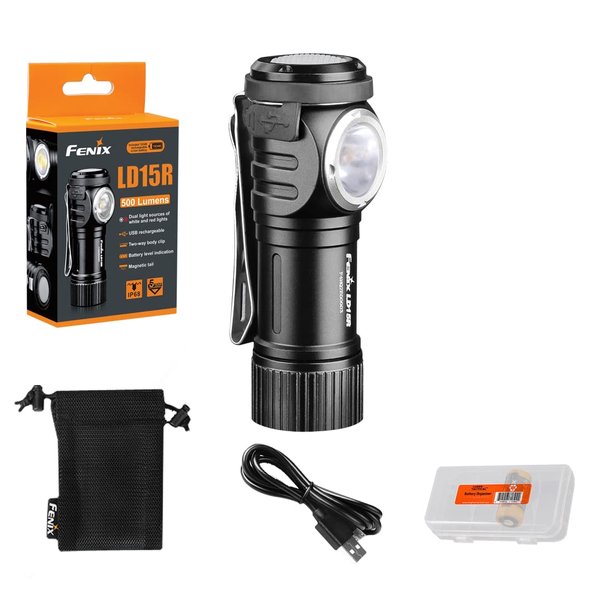 Fenix LD15R Right-Angle Flashlight, 500 Lumen Rechargeable White & Red LEDs Ultra Compact Mini Size, with Clip and LumenTac Organizer