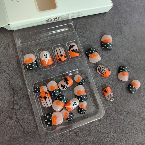 24Pcs Halloween Press on Nails Short Square French Tip Fake Nails Glitter Ghost Bat Spider Web Bow Nail Design Full Cover False Nails Acrylic Glue on Nails DIY Halloween Nail Art Decoration for Women