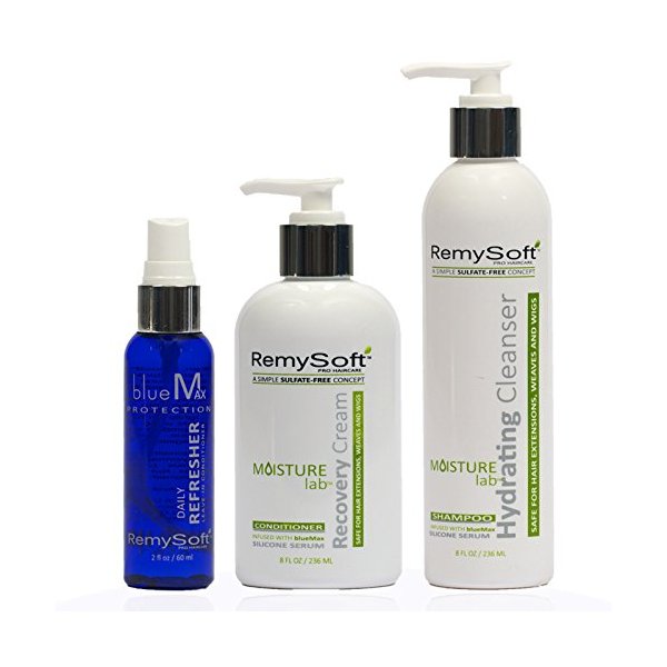 RemySoft Moisturelab Rapid Renewal System - Safe for Hair Extensions, Weaves and Wigs - Salon Formula Shampoo, Conditioner & Leave-In Conditioner - Gentle Sulfate-free Lather