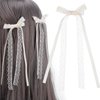 LIFKOME 2Pcs Lace Hair Bow Clips for Women White Ribbon Hair Bow Long Tail Tulle Bow Hair Accessories for Bridal Wedding