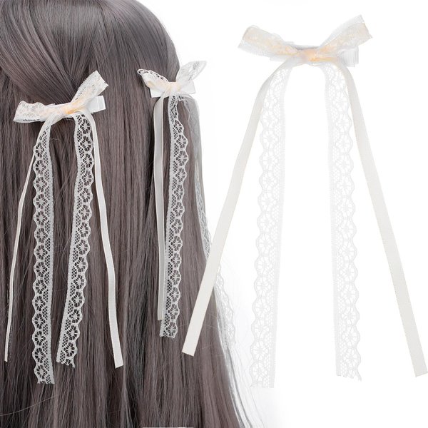LIFKOME 2Pcs Lace Hair Bow Clips for Women White Ribbon Hair Bow Long Tail Tulle Bow Hair Accessories for Bridal Wedding