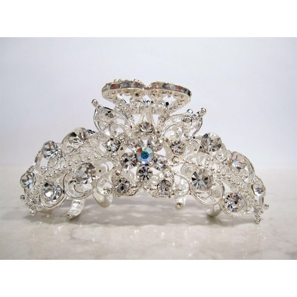 Generic Silver metal flower crystal hair claw clip bridal clip for medium fine hair