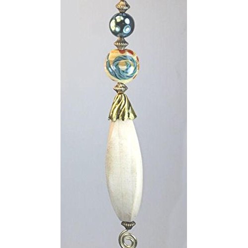 Long Blonde Light Wood with Cream & Metallic Green Iridescent Glass Ceiling Fan Pull Chain