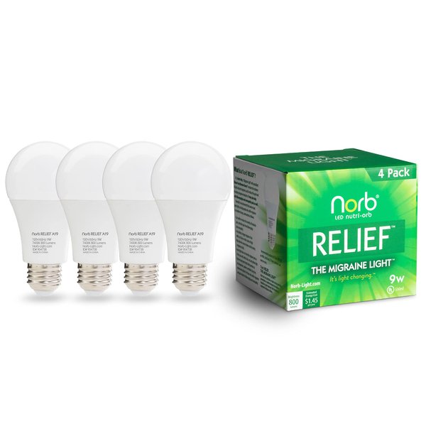NorbRELIEF Green Light Therapy Migraine Relief Light Bulb, Research Proven Non-Drug Support for Migraine Pain. Product Patented in The U.S.A (4-Pack)