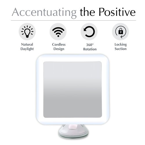 Fancii 10X Magnifying Lighted Makeup Mirror - Daylight LED Vanity Mirror - Compact, Cordless, Locking Suction, 6.5" Wide, 360 Rotation, Portable Illuminated Bathroom Mirror (Square)