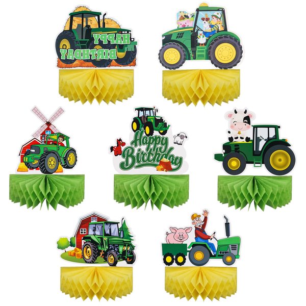 7pcs Tractor Honeycomb Table Centerpieces, Farm Tractor Birthday Party Decorations Supplies Farm Animal Tractor Themed Honeycomb Centerpieces Decor for Farmhouse Kids Baby Shower