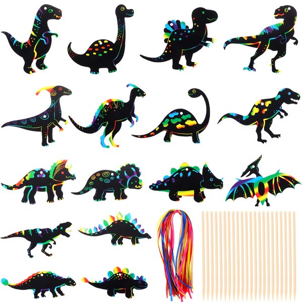 64 Pcs Dinosaur Theme Scratch Cards Rainbow Scratch Paper Dinosaur Crafts Art Card Kit DIY Scratch Dinosaur Paper with 64 Pcs Wood Stylus and 64 Pcs Ribbon for Classroom Craft Birthday Party Supplies