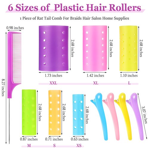 141 Pieces Magnetic Hair Rollers Set, Include 60 Pieces Mixed Sizes Plastic Hair Rollers with 60 Pins, 20 Duck Teeth Hair Clips and Rat Tail Comb, Hairdressing Curlers Tools for Women Girls