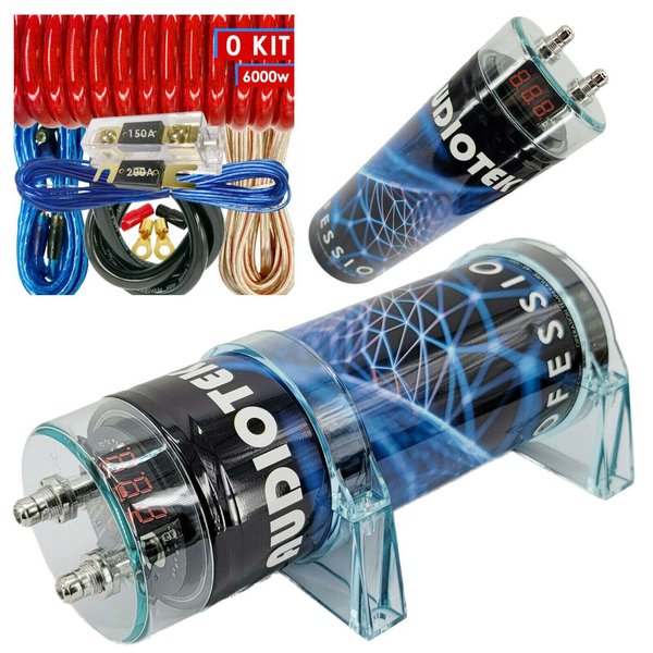 Audiotek 5.0 Farad Capacitor Car Audio 5000 Watts Power 12Volts Car Digital Power and Genuine New Complete 6000Watts, 0 Gauge Car Amplifier Installation Wiring Kit