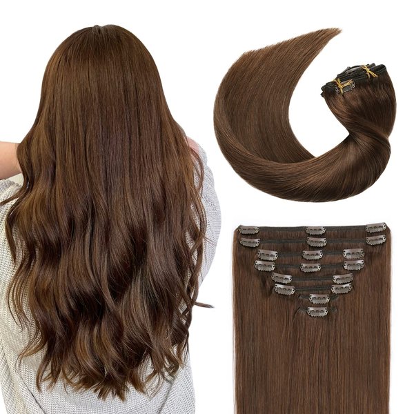 Sunya Clip in Hair Extensions Real Human Hair Chocolate Brown Human Hair Clip in Extensions Double Weft Brown Human Hair Clip ins Straight Hair Extensions Clip ins 16 Inch #4 8Pcs/120g