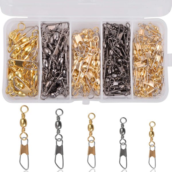 JSHANMEI Fishing Swivels Snaps Rolling Barrel Swivels with Safety Snap High Strength Freshwater Saltwater Fishing Snap Swivels Fishing Tackle Accessories Lure Line Connector (150pcs/kit)