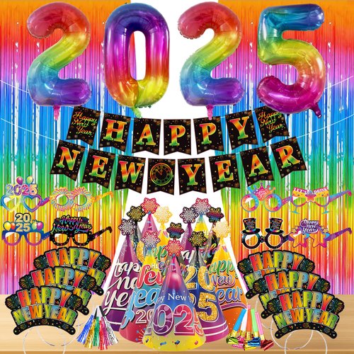 2025 Decorations Kit Rainbow New Years Eve Party Supplies, 2025 Balloons Curtain, Colorful Firework Happy New Year banner Headband Cone Hats Eyeglasses Blowouts for New Year's Party Favors
