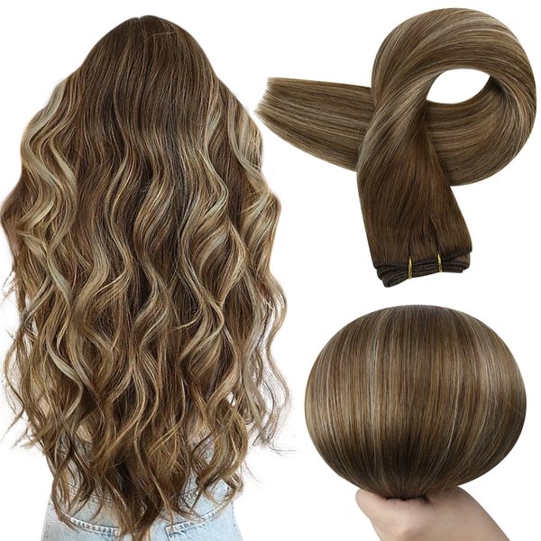 Full Shine Weft Hair Extensions Human Hair Balayage Hair Extensions Real Human Hair For Women Color Medium Brown To Honey Blonde Mix Medium Brown Human Hair Weft Extensions For Women 105G 18 Inch