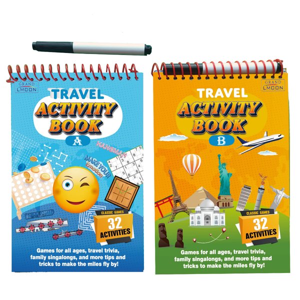 GRANDLMOON 2 Pack Reusable 32 Activity Game Mats Pads with Dry Erase Marker as Travel Toy & Learning Tool for Ages 6-12 (9”X 6”)