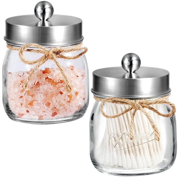SheeChung Apothecary Jars Set,Mason Jar Decor Bathroom Vanity Storage Organizer Canister,Glass Qtip Holder Dispenser for Qtips,Cotton Swabs,Ball - Stainless Steel Lid/Brushed Nickel (2-Pack)