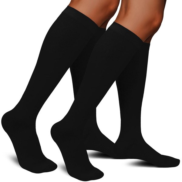 Aoliks 30-40 mmHg Medical Graduated Compression Socks for Men & Women - 2 Pack Extra Firm Support Knee High Circulation Socks Circaid Compression Socks, 01 Black,black-cable Pattern, Small-Medium