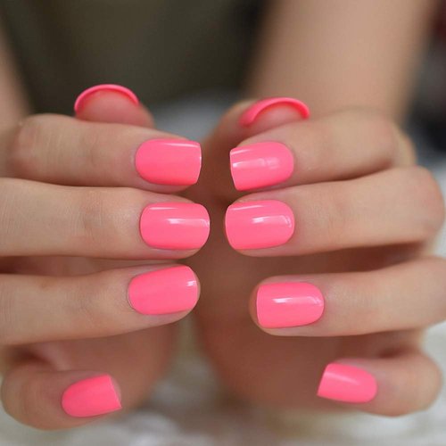 Pretty Deep Bright Neon Pink Press On Nails Short Round False Nails Women Girls Square Nail Art Tips Full Cover Reusable Salon Summer Beauty Fake Fingernails Datechable Acrylic Manicure For Daily Dating Office Home Party (24pcs)
