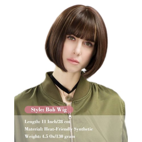 REECHO Brown Bob Wig with Bangs, 11" Short Bob Wigs Synthetic Replacement Hair Wigs for Women - Chestnut Brown