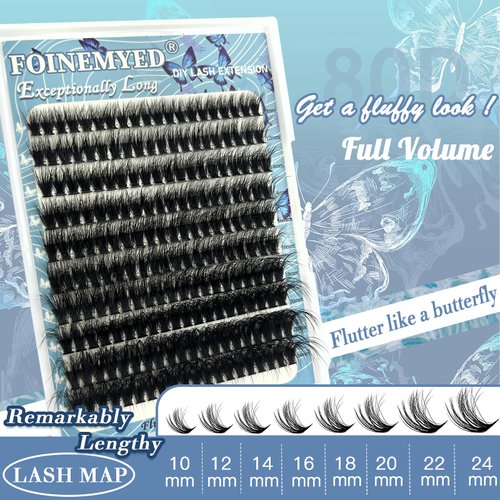 Fluffy Lash Clusters 10-24mm Extra Long Thick 200D Cluster Eyelash Extensions 200pcs Volume D Curl Wispy Individual Lashes Plant Fibres False Eyelashes DIY Lash Extension for Beginners, by FOINEMYED