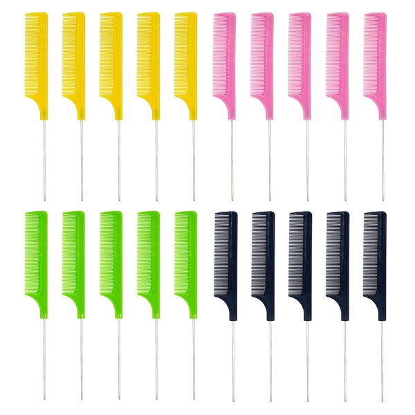 20 Pcs Hair Rat Tail Combs Parting Rattail Combs Teasing Fine Tooth Comb Metal Hair Pick Detangling Combs Set for Women
